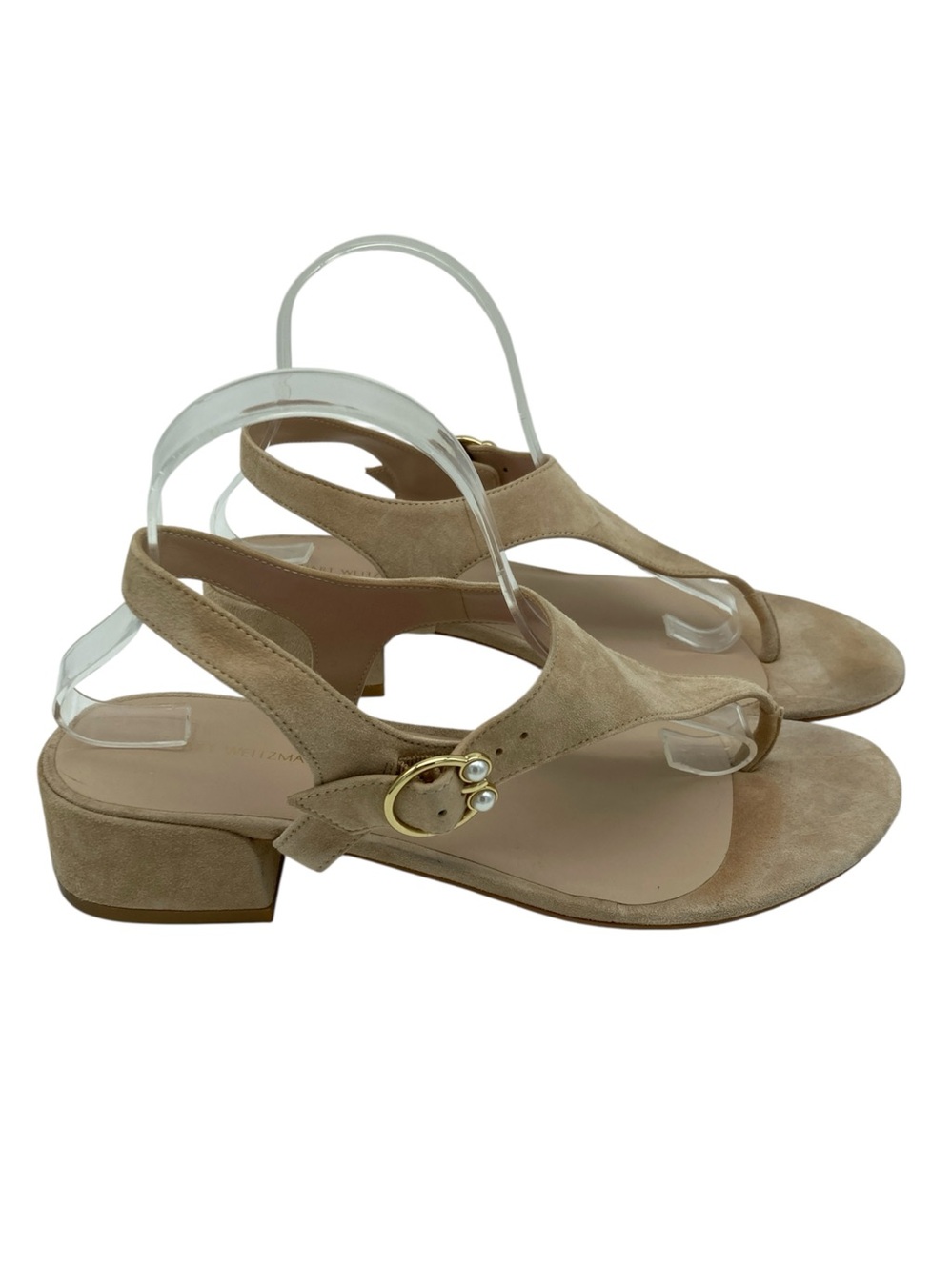 Stuart Weitzman Suede T-strap Pearl Embellished Thong Sandals